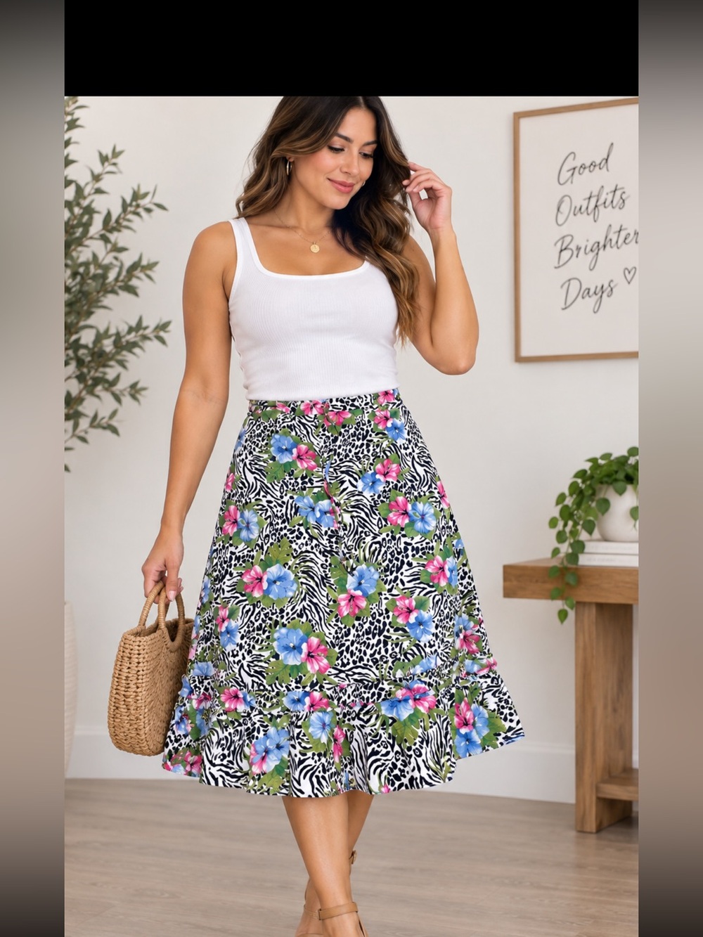 Floral Zebra A-Line Midi Skirt - White with Pink & Blue Flowers 100% linen # 125